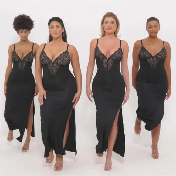 NWOT Popilush Shapewear Lace V Neck Side Slit Slimming Maxi Slip Dress Sz XL - Picture 3 of 7